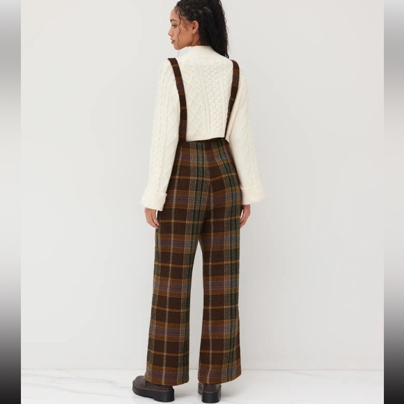 Cider Square Neck Preppy Countryside Tweed Plaid Jumpsuit Overall Wide Leg SZ M - Picture 4 of 16